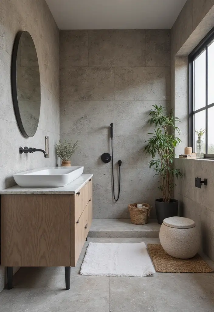 27 Gray Tile Bathroom Designs That Feel Timeless - 16. Gray Tile with Natural Stone Elements 1