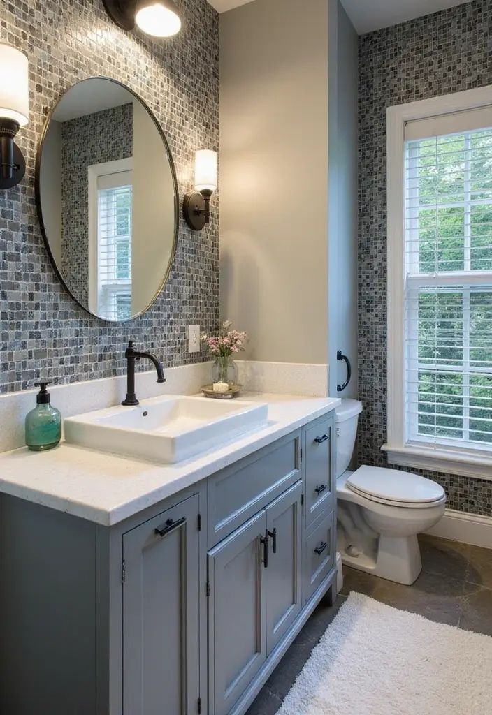 27 Gray Tile Bathroom Designs That Feel Timeless - 17. Gray Tile with Mosaic Accents 1