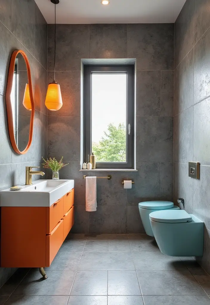 27 Gray Tile Bathroom Designs That Feel Timeless - 26. Gray Tiles and Colorful Accents 1