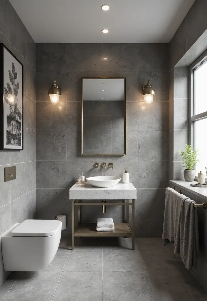 27 Gray Tile Bathroom Designs That Feel Timeless - 27. Gray Tiles with Statement Lighting 1
