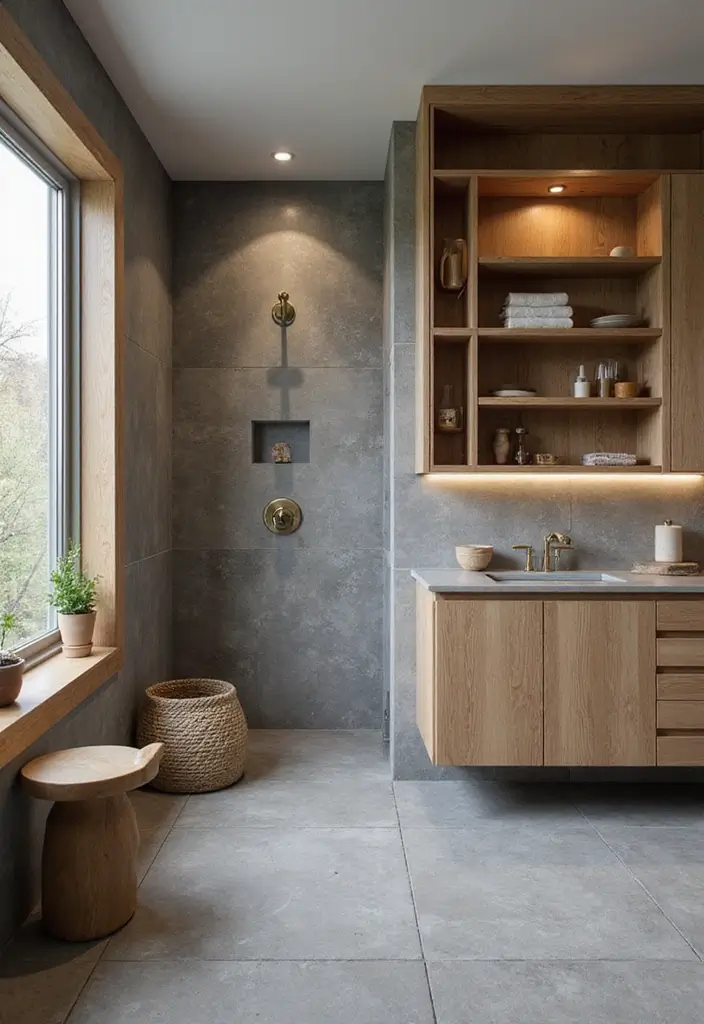 27 Gray Tile Bathroom Designs That Feel Timeless - 9. Gray Tile and Wood Combo 1