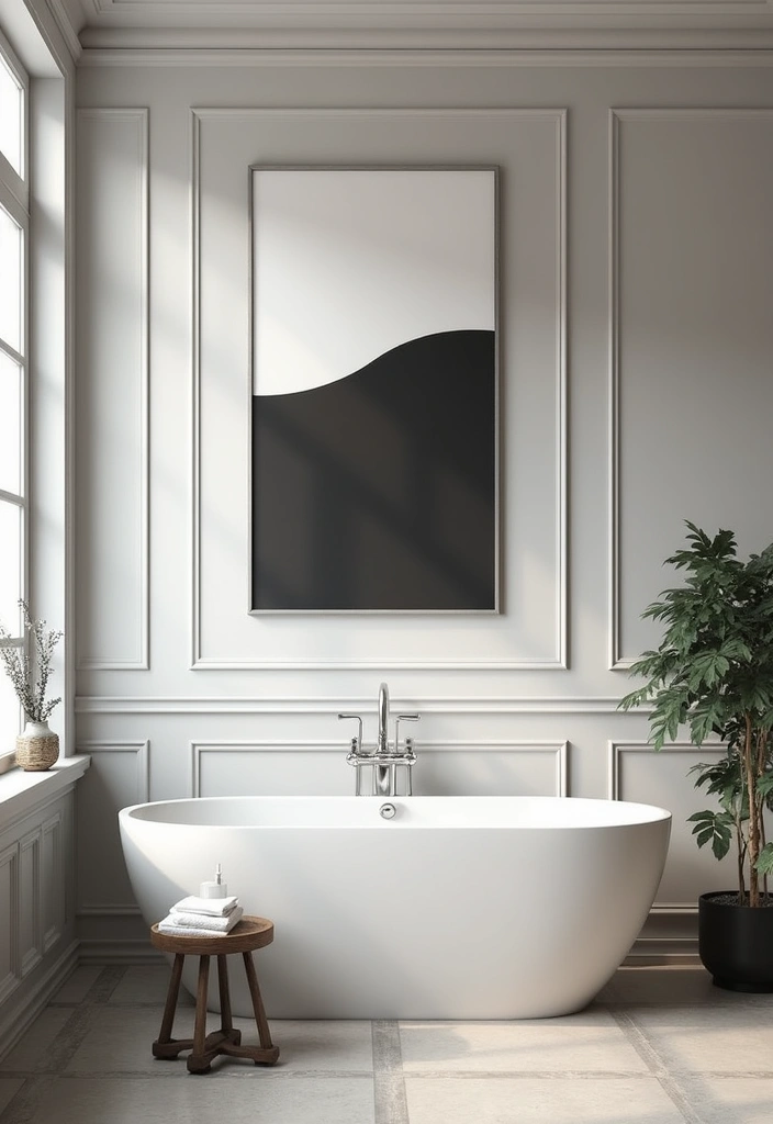 27 Grey And Cream Bathroom Ideas For Neutral Lovers - 11. Stylish Wall Art 1