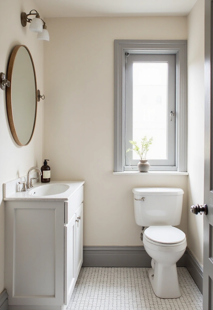 27 Grey And Cream Bathroom Ideas For Neutral Lovers - 22. Soft Cream Walls with Grey Trim 1
