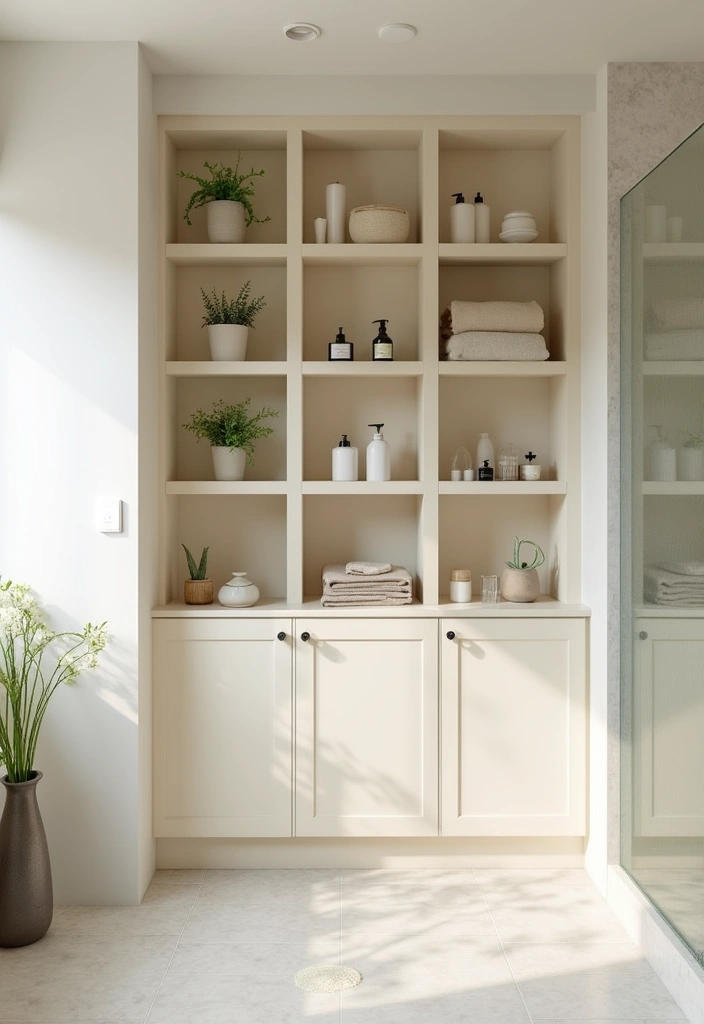 27 Grey And Cream Bathroom Ideas For Neutral Lovers - 4. Minimalist Storage Solutions 1