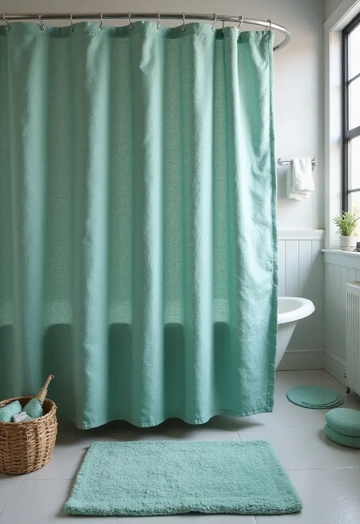 27 Jade Green Bathroom Ideas That Calm The Mind - 15. Textured Shower Curtains 1