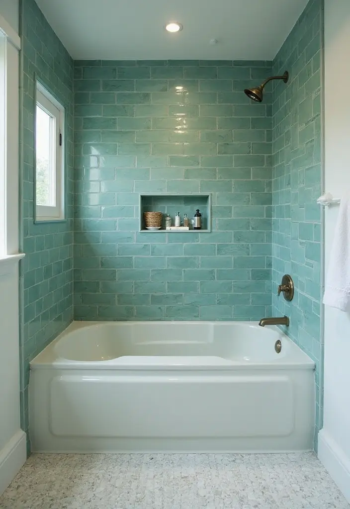 27 Jade Green Bathroom Ideas That Calm The Mind - 26. Stylish Shower Niches 1