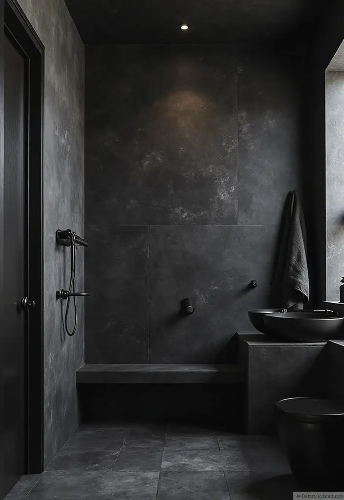 27 Modern Bathroom Black Design Trends For 2024 - 10. Black Textured Walls 1