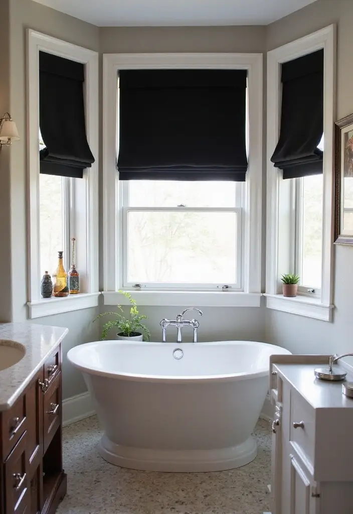 27 Modern Bathroom Black Design Trends For 2024 - 14. Black Window Treatments 1