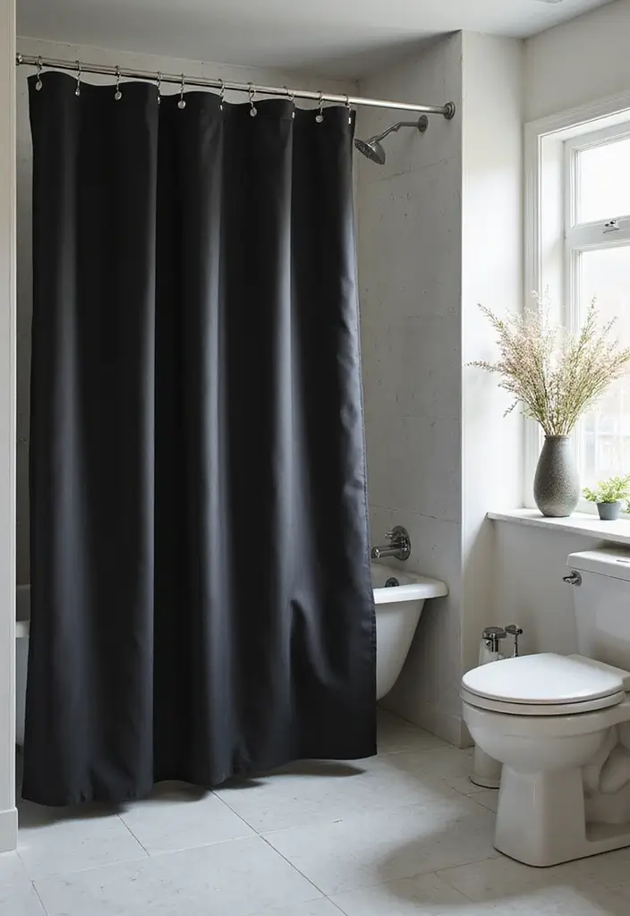 27 Modern Bathroom Black Design Trends For 2024 - 17. Black Shower Curtains 1