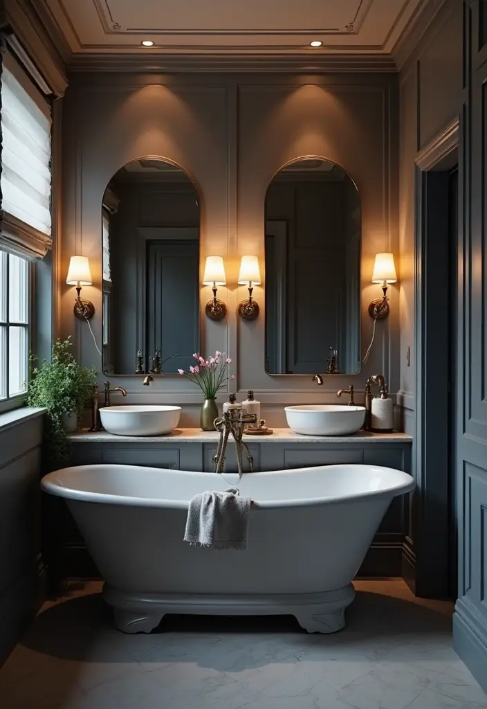 27 Navy And Grey Bathroom Ideas That Feel Calm - 14. Elegant Lighting 1