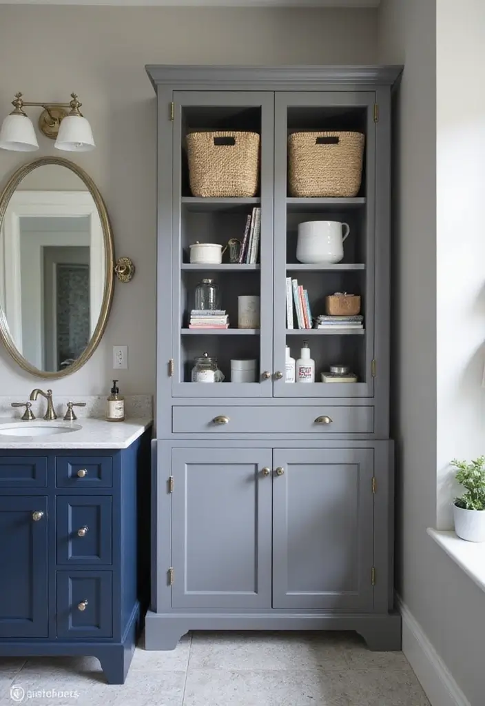 27 Navy And Grey Bathroom Ideas That Feel Calm - 16. Functional Storage 1