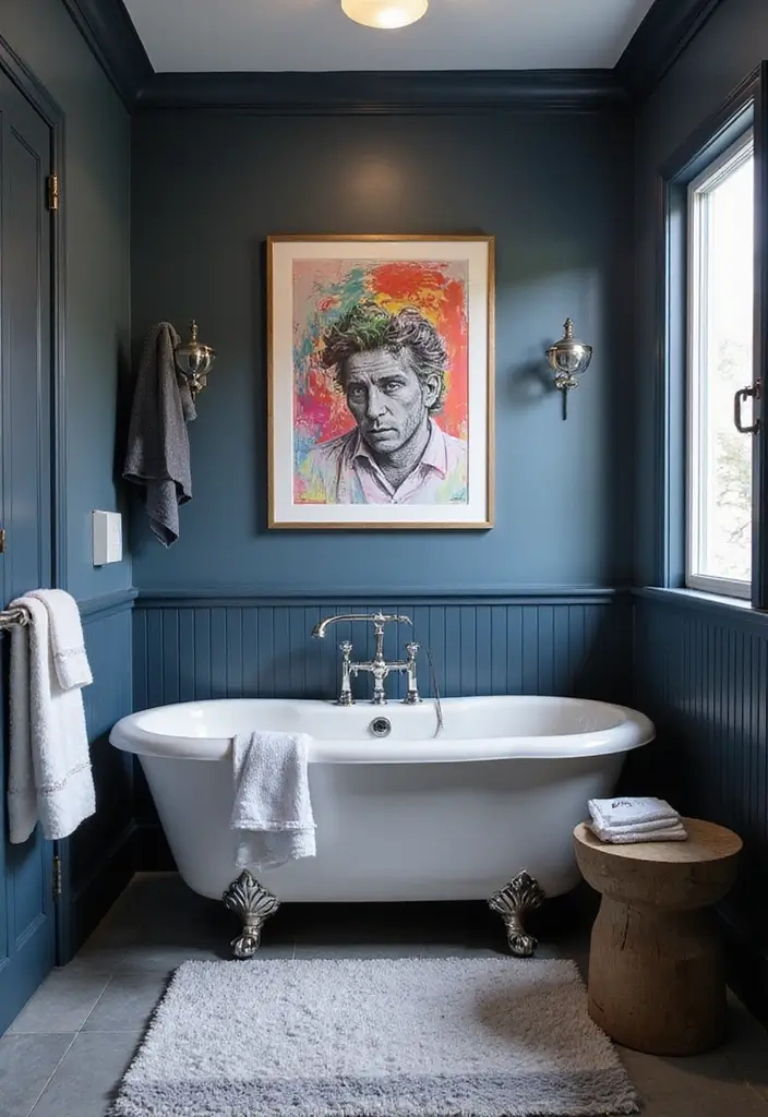 27 Navy And Grey Bathroom Ideas That Feel Calm - 18. Artistic Focus 1