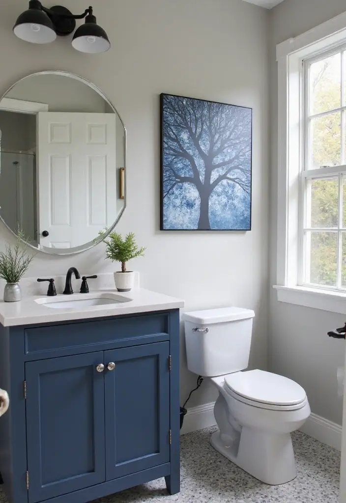 27 Navy And Grey Bathroom Ideas That Feel Calm - 21. Custom Artwork 1