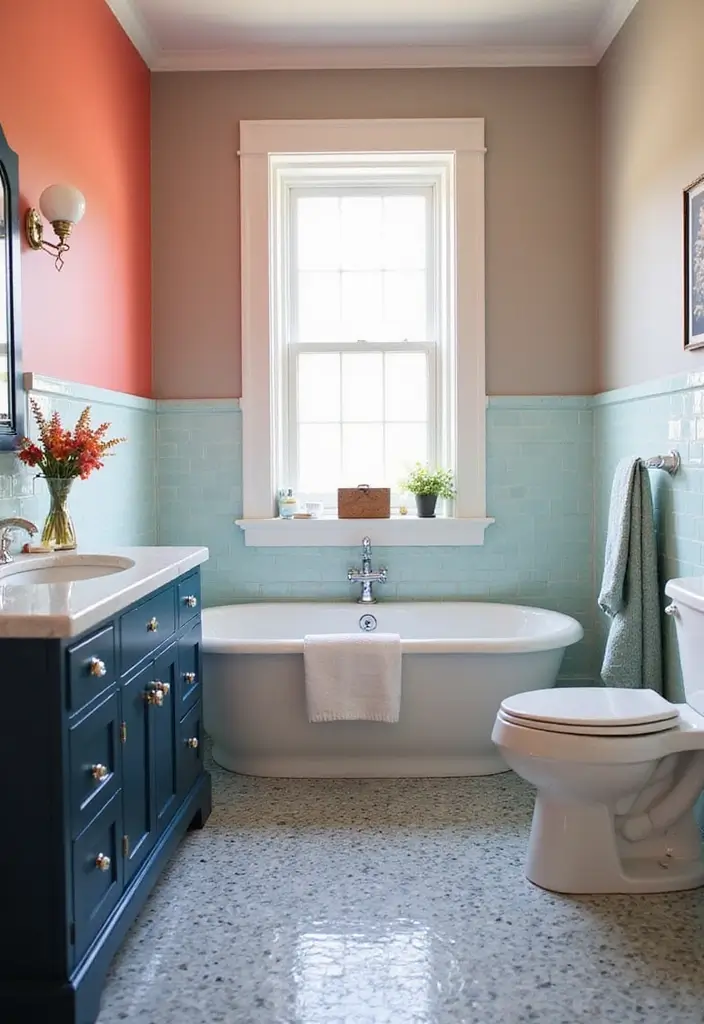 27 Navy And Grey Bathroom Ideas That Feel Calm - 22. Bright Accents 1