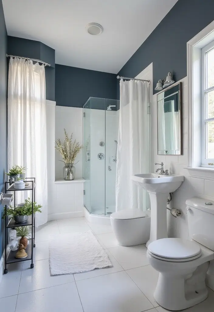 27 Navy And Grey Bathroom Ideas That Feel Calm - 24. Contrast with White 1