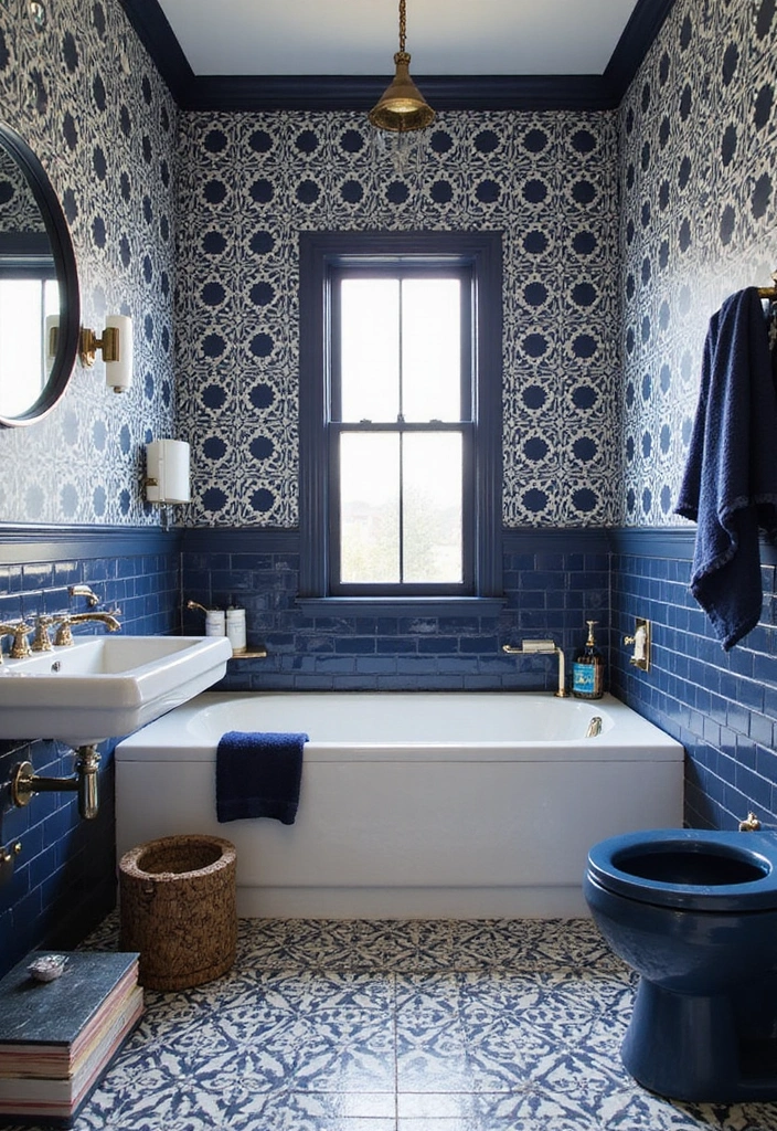 27 Navy And Grey Bathroom Ideas That Feel Calm - 8. Bold Patterns 1