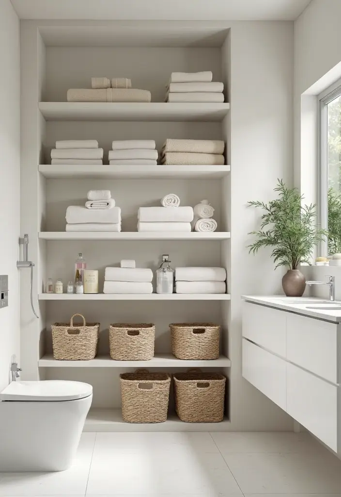 27 Nude Bathroom Ideas That Feel Minimalist - 14. Understated Storage Solutions 1