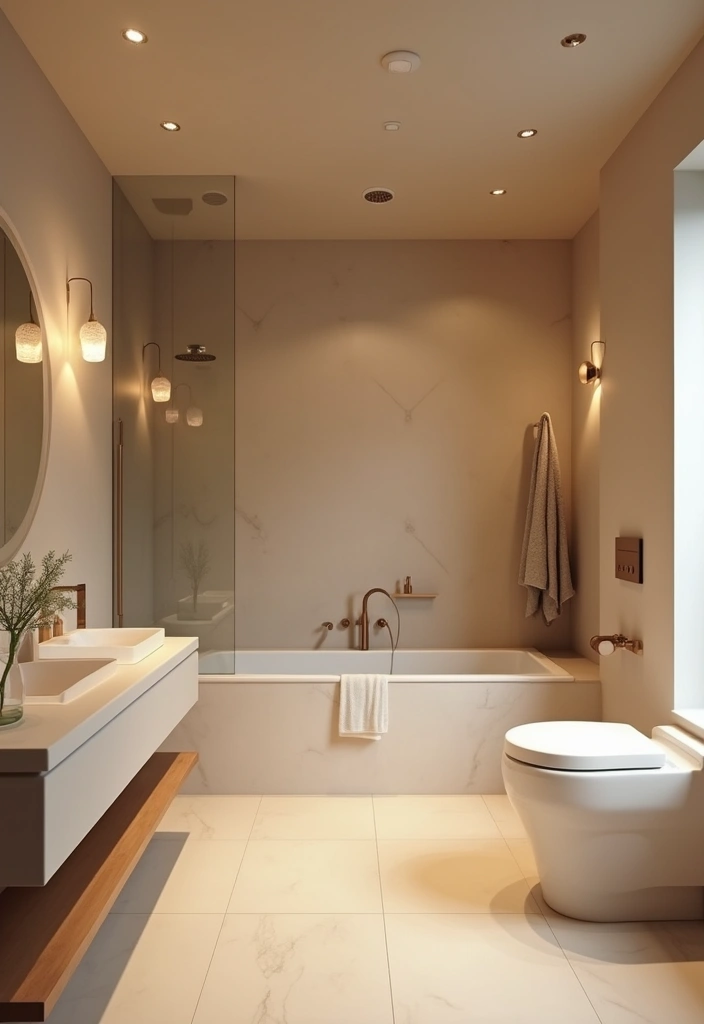 27 Nude Bathroom Ideas That Feel Minimalist - 2. Soft Lighting with Warm Tones 1
