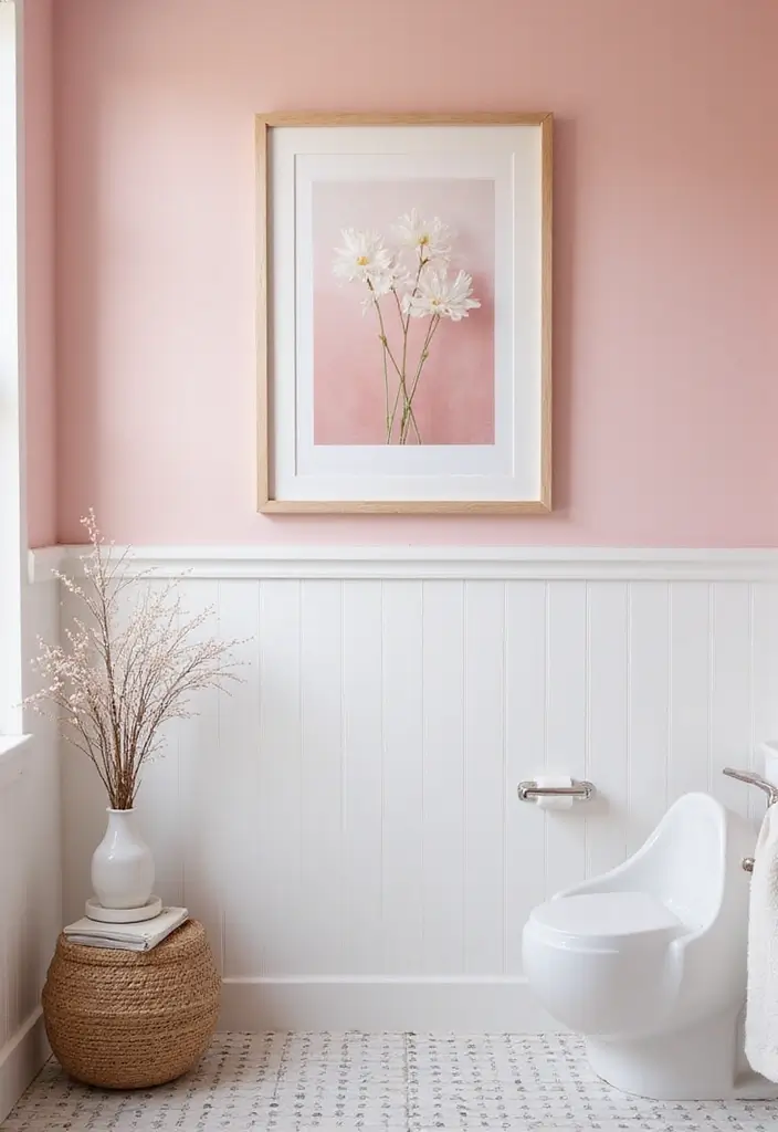 27 Pink White Bathroom Ideas That Feel Soft - 13. Pastel Artwork 1