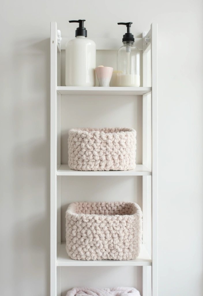 27 Pink White Bathroom Ideas That Feel Soft - 15. White Shelving Units 1