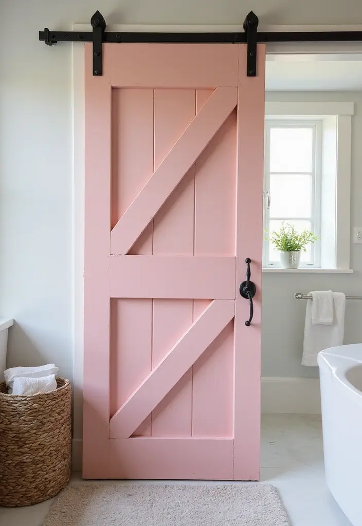 27 Pink White Bathroom Ideas That Feel Soft - 19. Sliding Barn Door 1