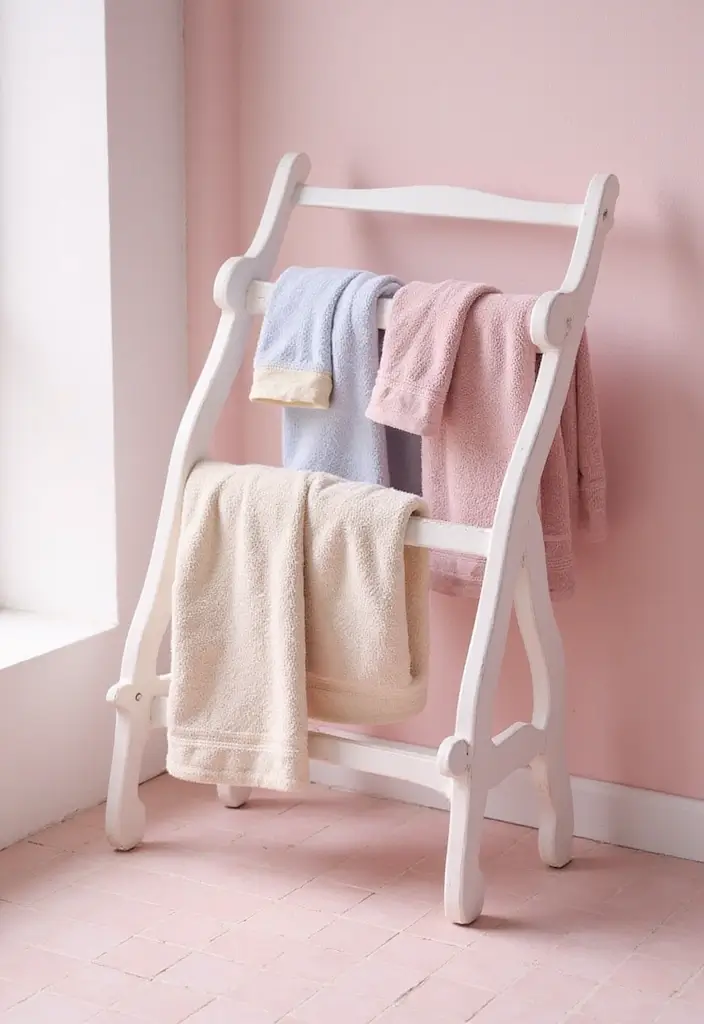 27 Pink White Bathroom Ideas That Feel Soft - 23. White Freestanding Towel Racks 1