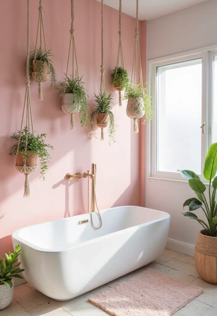 27 Pink White Bathroom Ideas That Feel Soft - 7. Hanging Plants 1