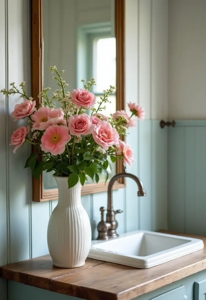 28 Bathroom Ideas Farmhouse Style With Rustic Charm - 10. Floral Decor 1