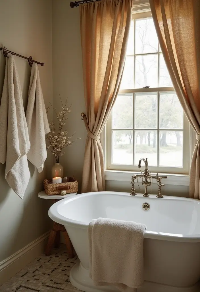 28 Bathroom Ideas Farmhouse Style With Rustic Charm - 14. Textured Fabrics 1