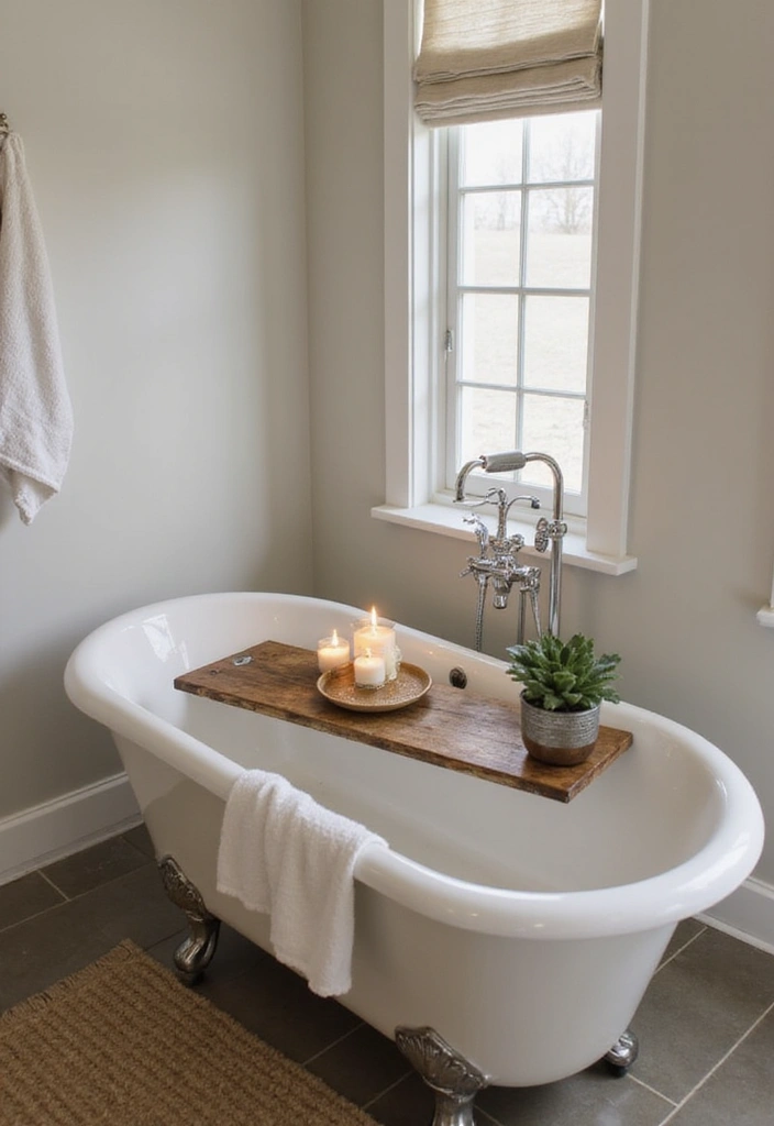 28 Bathroom Ideas Farmhouse Style With Rustic Charm - 21. Bathtub Trays 1