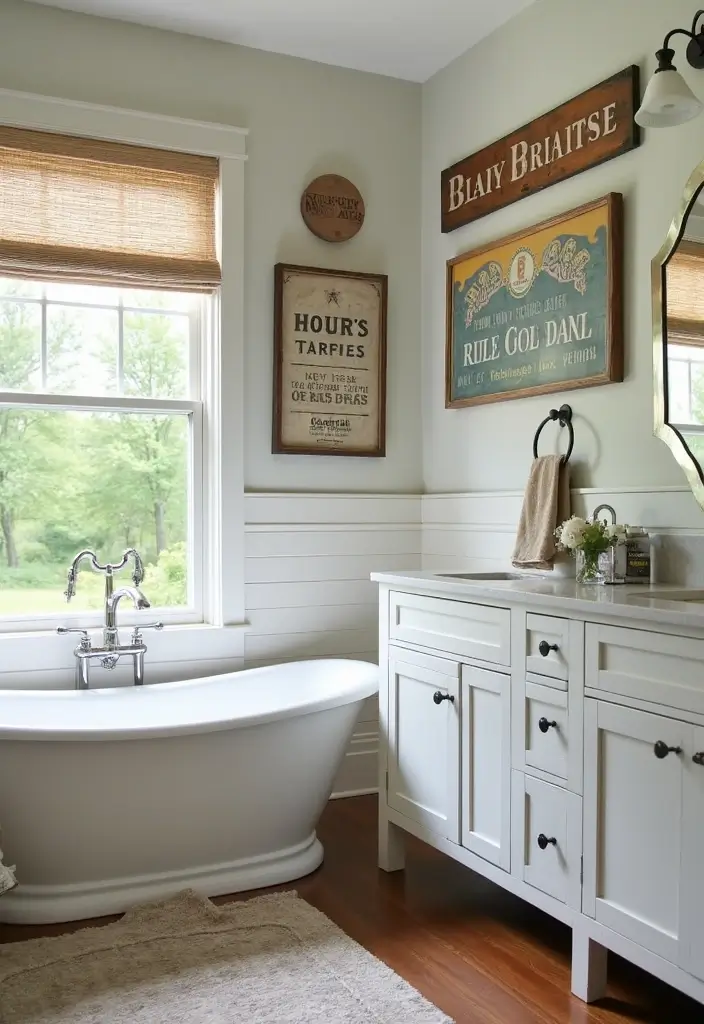 28 Bathroom Ideas Farmhouse Style With Rustic Charm - 25. Vintage Signs 1