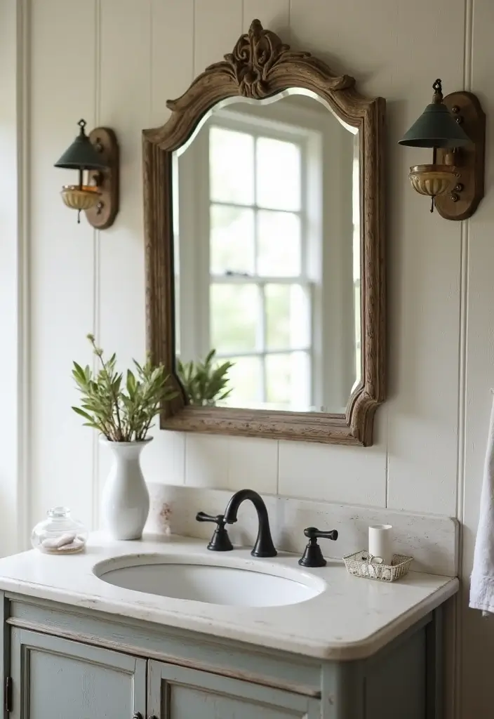 28 Bathroom Ideas Farmhouse Style With Rustic Charm - 7. Antique Mirrors 1