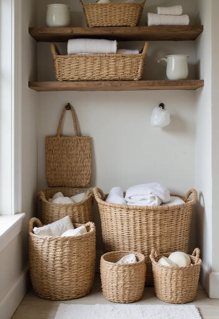 28 Bathroom Ideas Farmhouse Style With Rustic Charm - 9. Woven Baskets 1