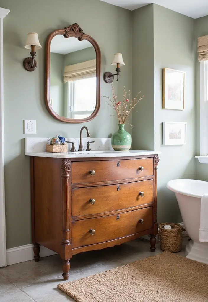 28 Bathroom Nook Ideas That Add Functionality - 10. Vintage Style Furniture 1