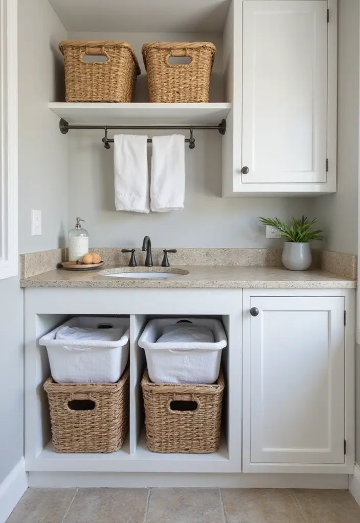 28 Bathroom Nook Ideas That Add Functionality - 13. Built-In Laundry Baskets 1