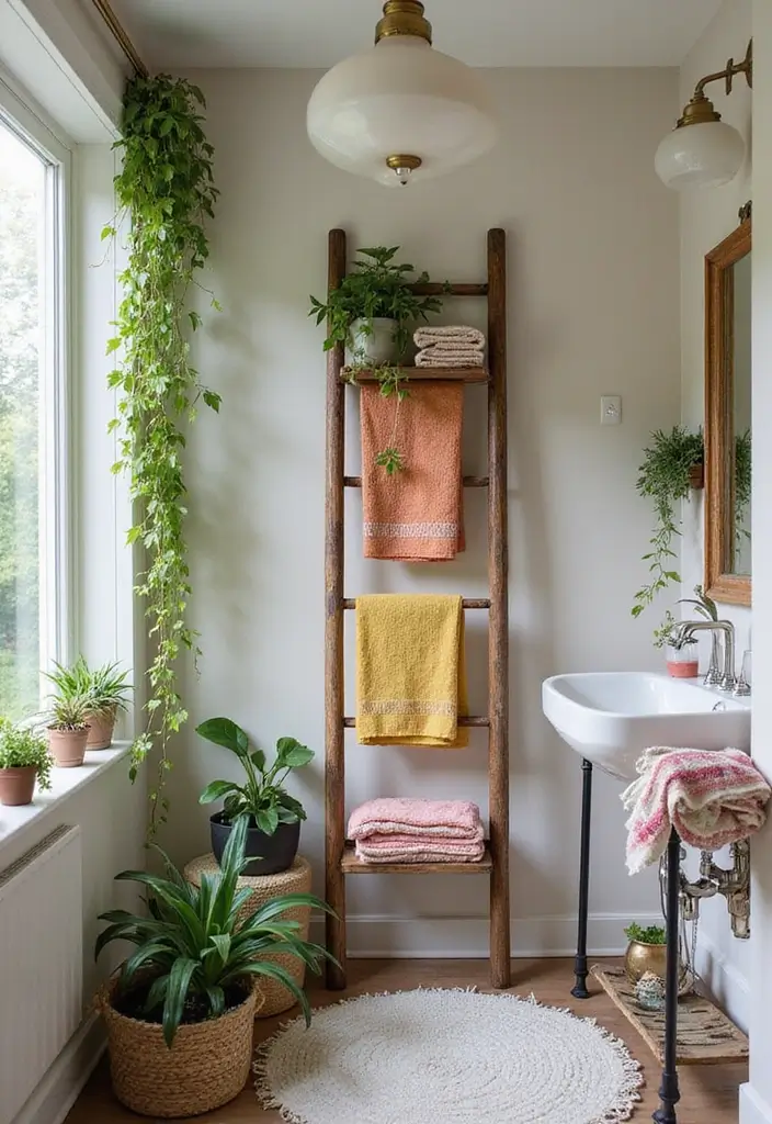 28 Bathroom Nook Ideas That Add Functionality - 16. Vintage Ladder Shelf 1