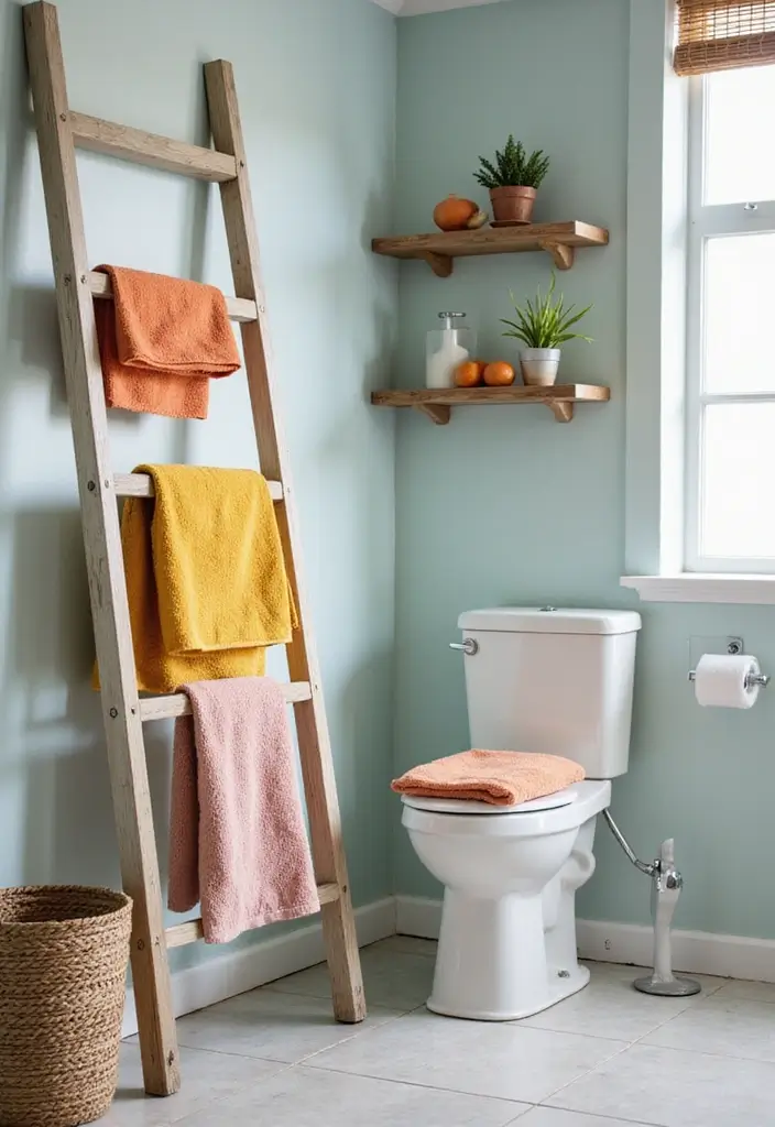 28 Bathroom Nook Ideas That Add Functionality - 3. Ladder Storage 1