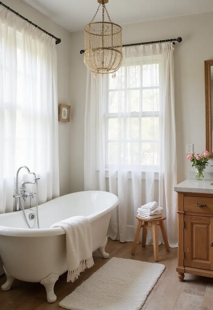 28 Boho Western Bathroom Ideas With Rustic Flair - 24. Light and Airy Fabrics 1