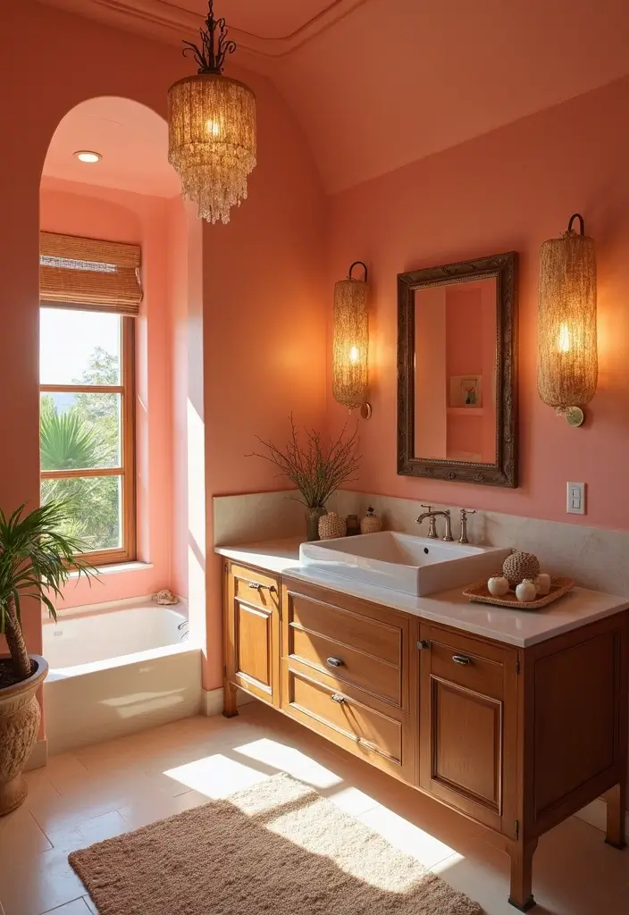 28 Coral Bathroom Ideas That Feel Tropical - 15. Coral Lighting Fixtures 1