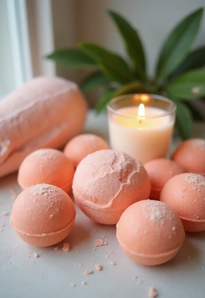 28 Coral Bathroom Ideas That Feel Tropical - 16. Coral Bath Bombs and Candles 1