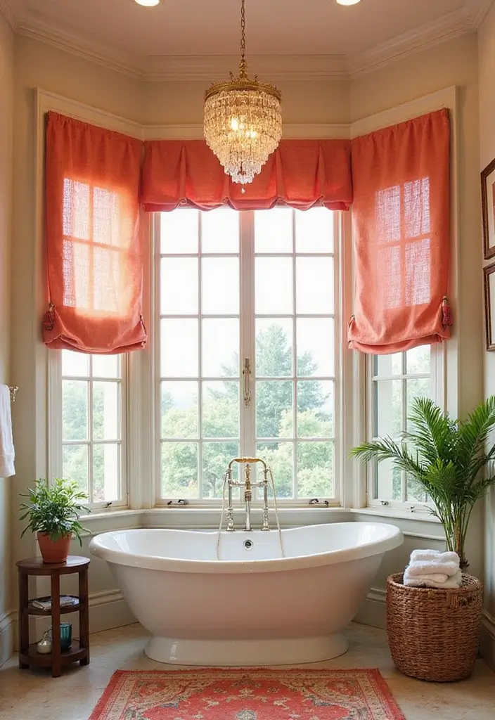 28 Coral Bathroom Ideas That Feel Tropical - 17. Coral Window Treatments 1