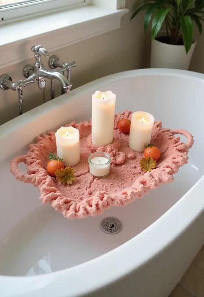 28 Coral Bathroom Ideas That Feel Tropical - 21. Coral Bath Caddies 1