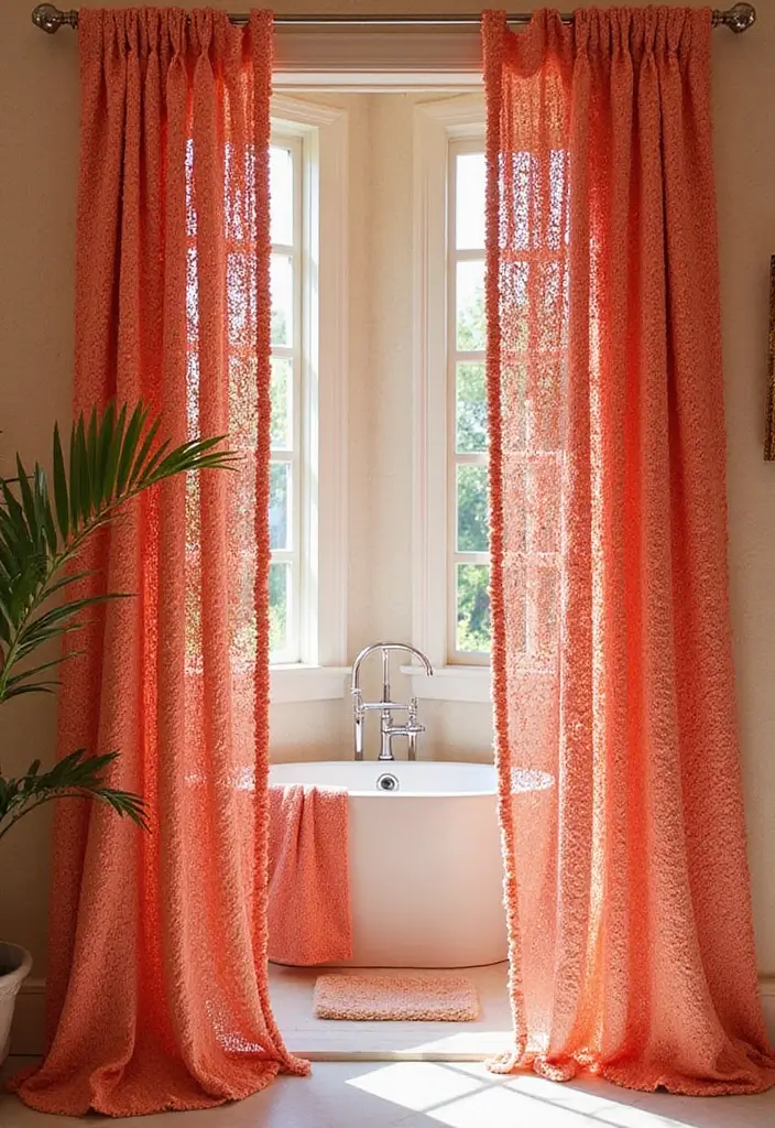 28 Coral Bathroom Ideas That Feel Tropical - 23. Coral Beaded Curtains 1