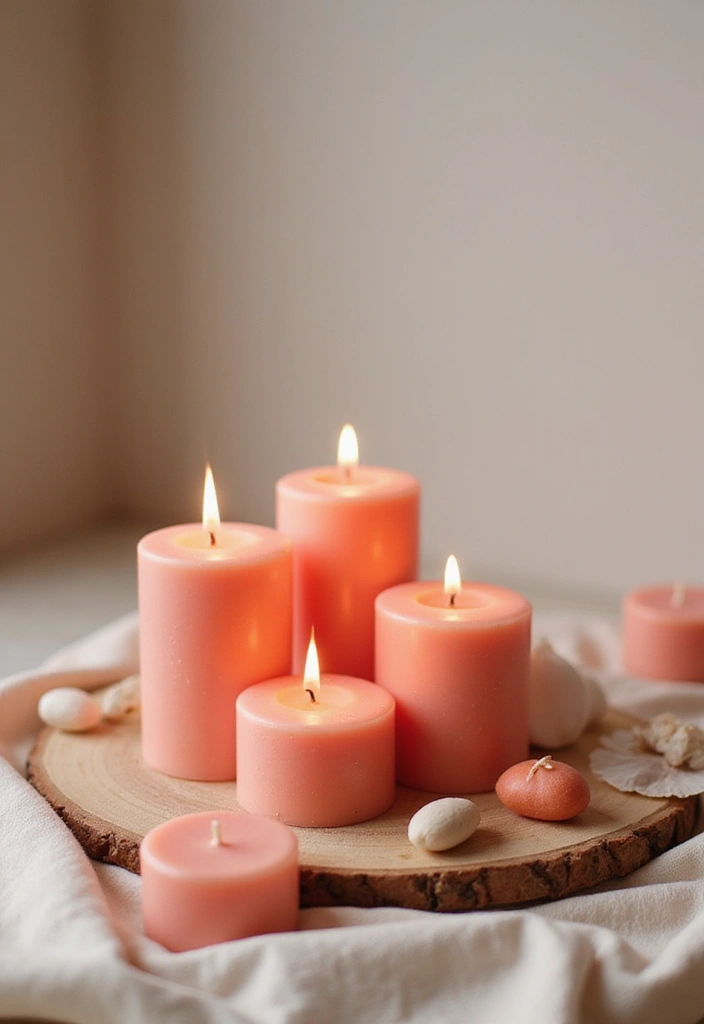 28 Coral Bathroom Ideas That Feel Tropical - 24. Coral Scented Candles 1
