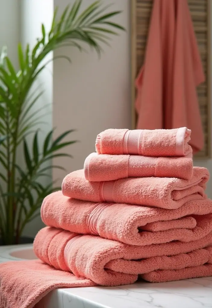 28 Coral Bathroom Ideas That Feel Tropical - 25. Coral Theme Towels 1