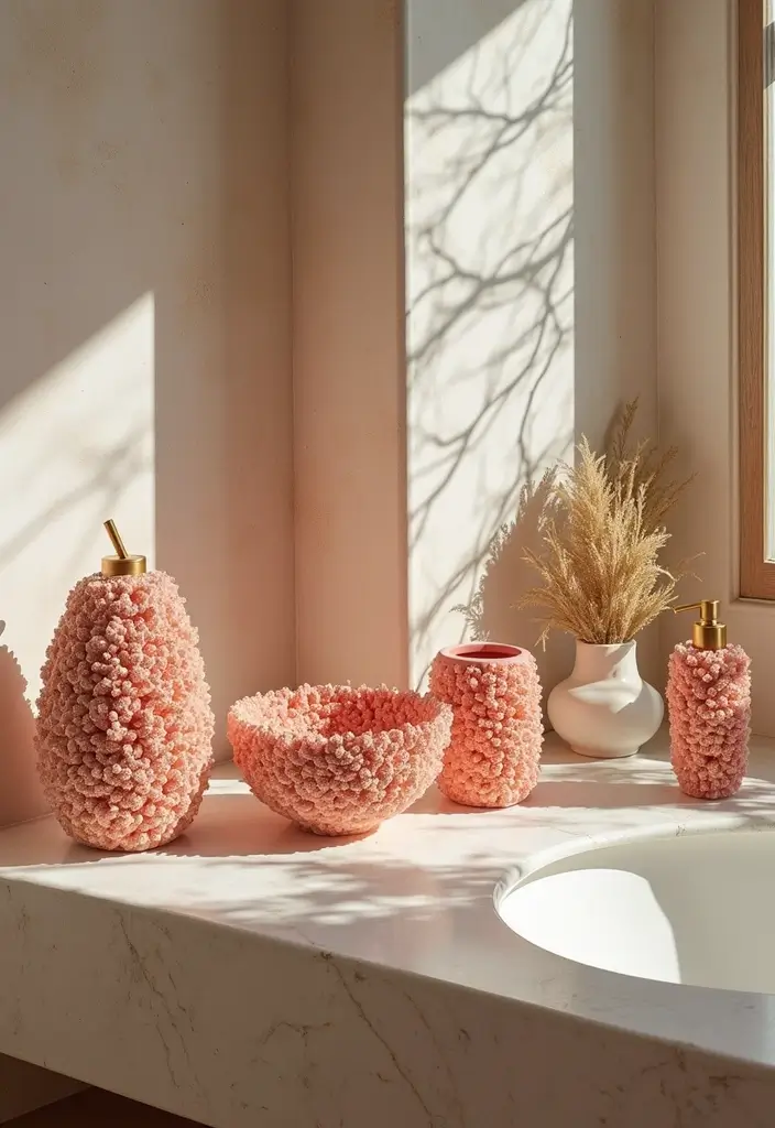 28 Coral Bathroom Ideas That Feel Tropical - 26. Coral Handcrafted Items 1