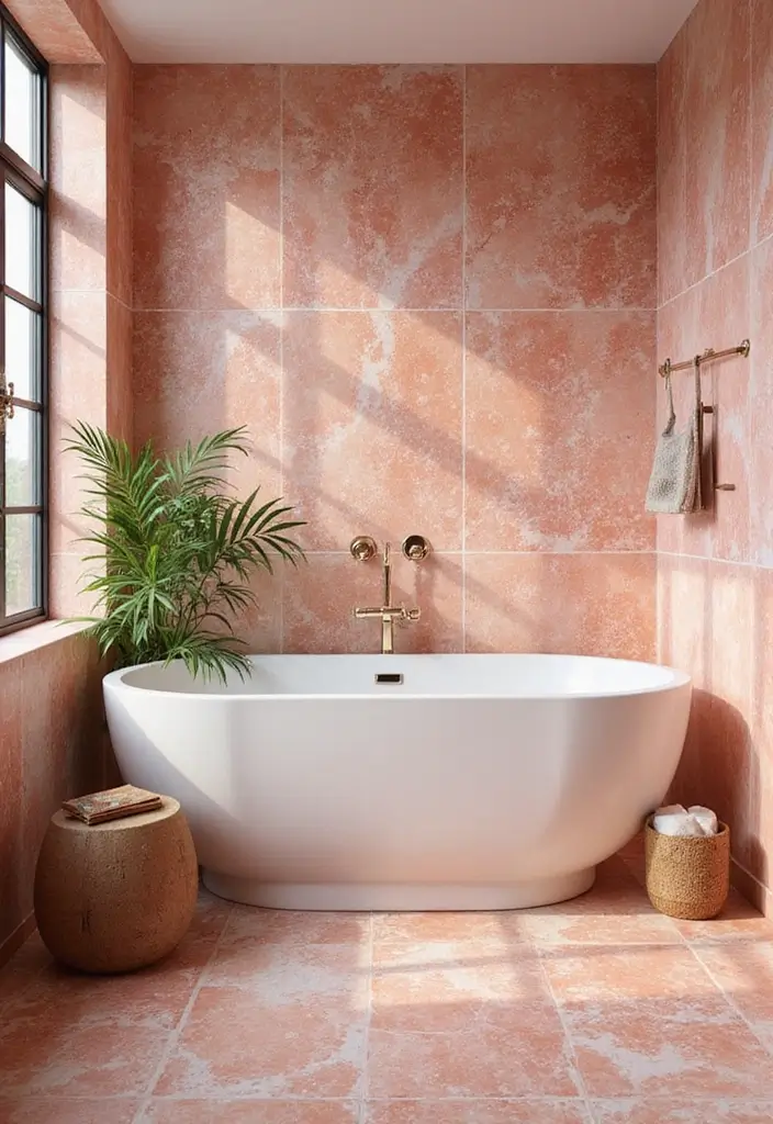 28 Coral Bathroom Ideas That Feel Tropical - 3. Coral Tiles 1