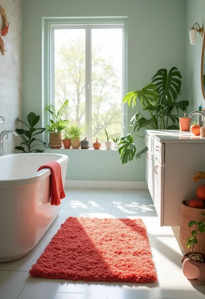 28 Coral Bathroom Ideas That Feel Tropical - 8. Coral Rugs 1