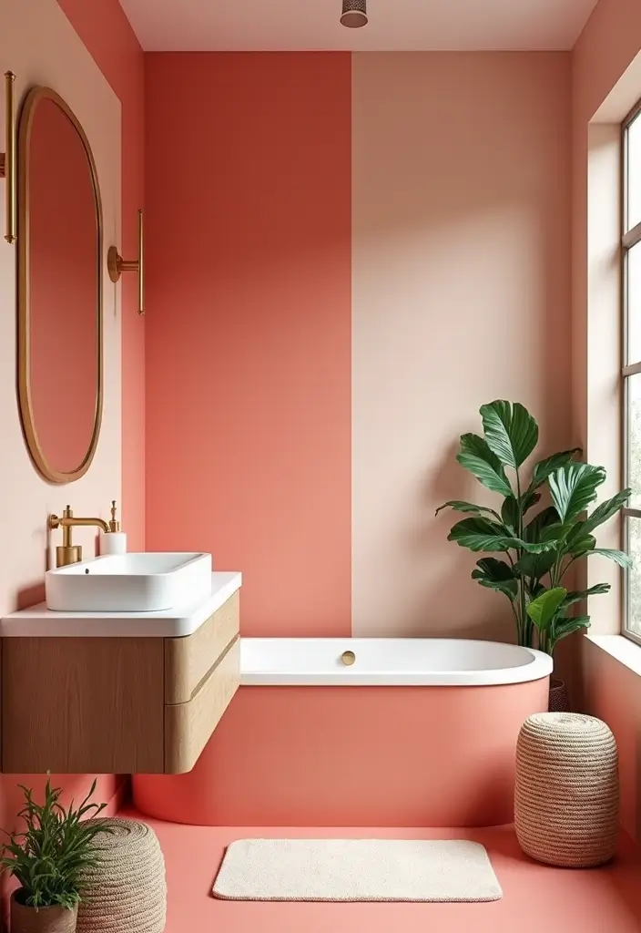 28 Coral Bathroom Ideas That Feel Tropical - 9. Coral Color Blocking 1
