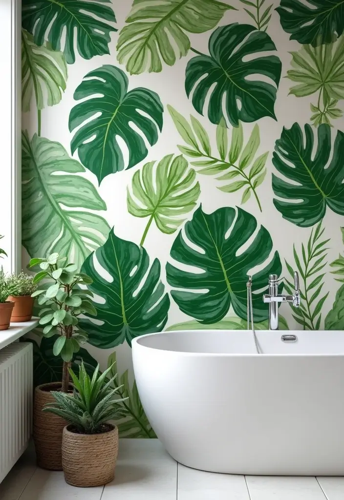 28 Green Wall Bathroom Ideas That Feel Natural - 11. Botanical Wallpaper 1